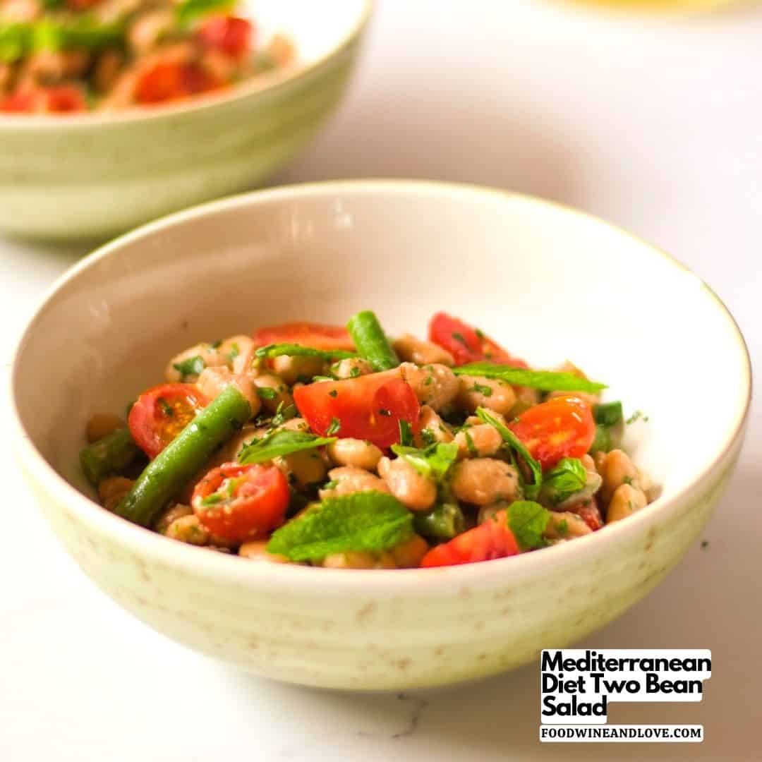 Mediterranean Diet Two Bean Salad, a delicious appetizer or side dish made with green and pinto beans with tomatoes.