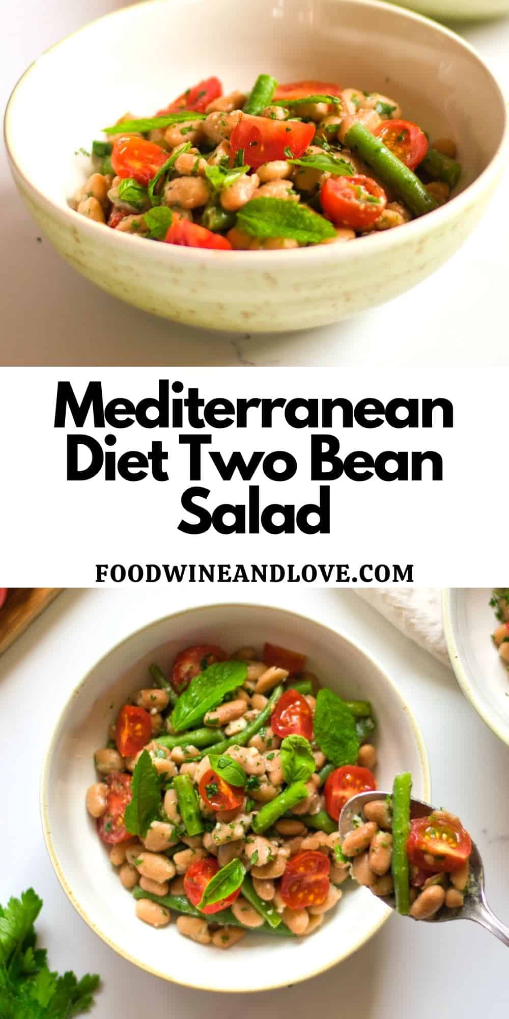 Mediterranean Diet Two Bean Salad, a delicious appetizer or side dish made with green and pinto beans with tomatoes.