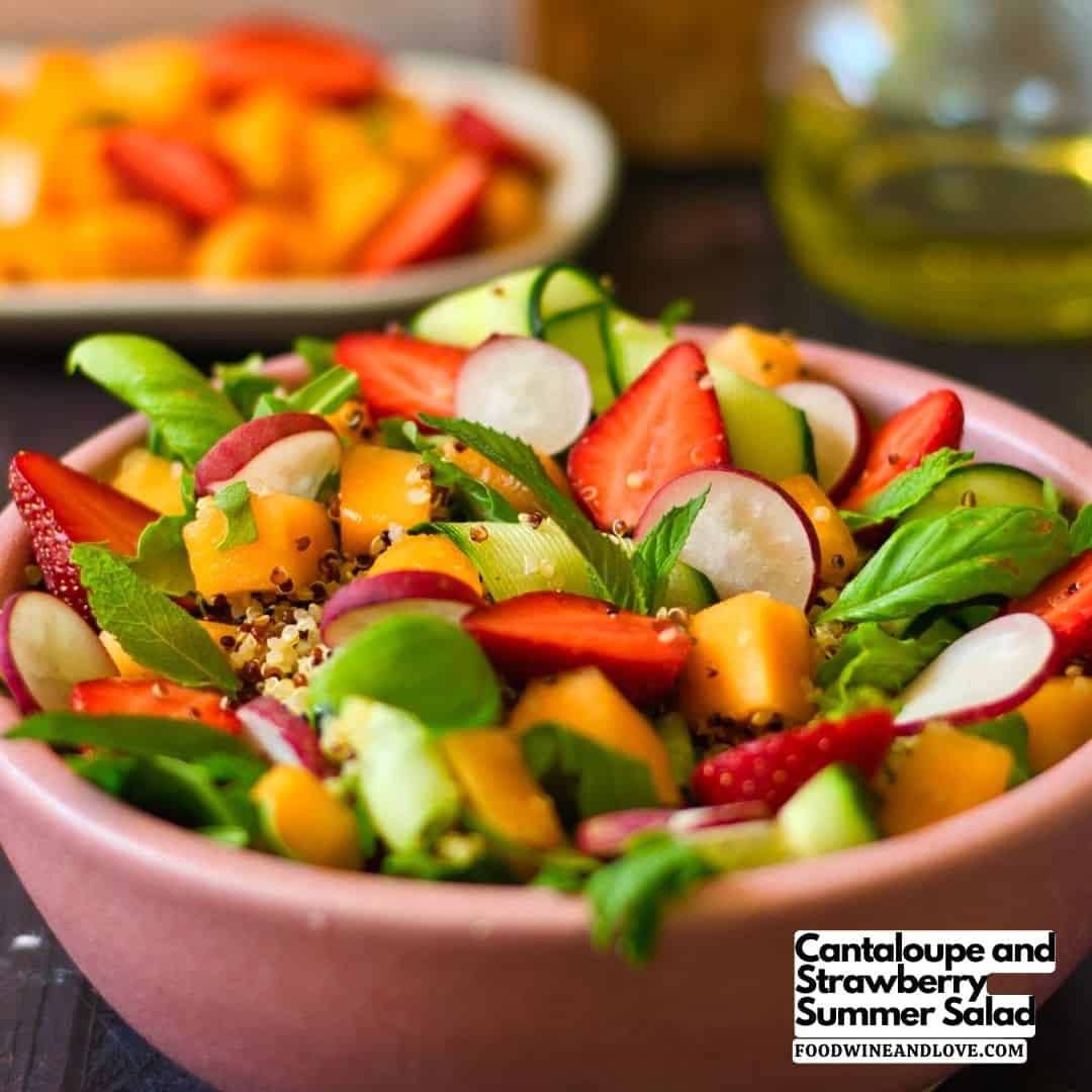 Cantaloupe and Strawberry Summer Salad, a simple and flavorful Mediterranean diet recipe featuring fresh fruit and arugula.