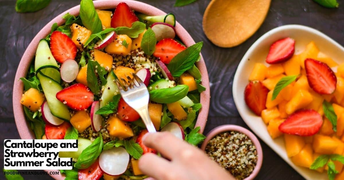 Cantaloupe and Strawberry Summer Salad, a simple and flavorful Mediterranean diet recipe featuring fresh fruit and arugula.