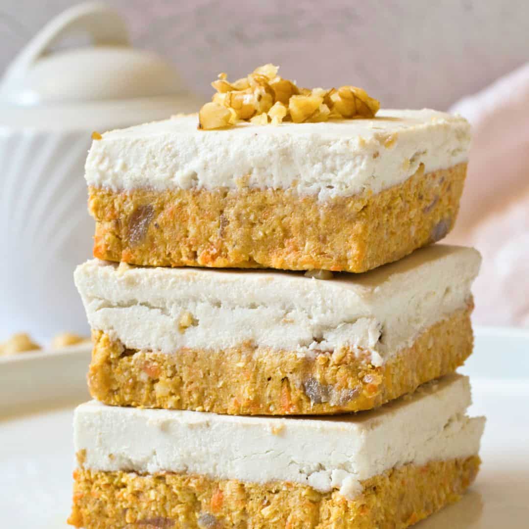 No Bake Vegan Carrot Cake Bars,  delicious and simple frosted dessert recipe made with almond flour and sweetened with dates. 