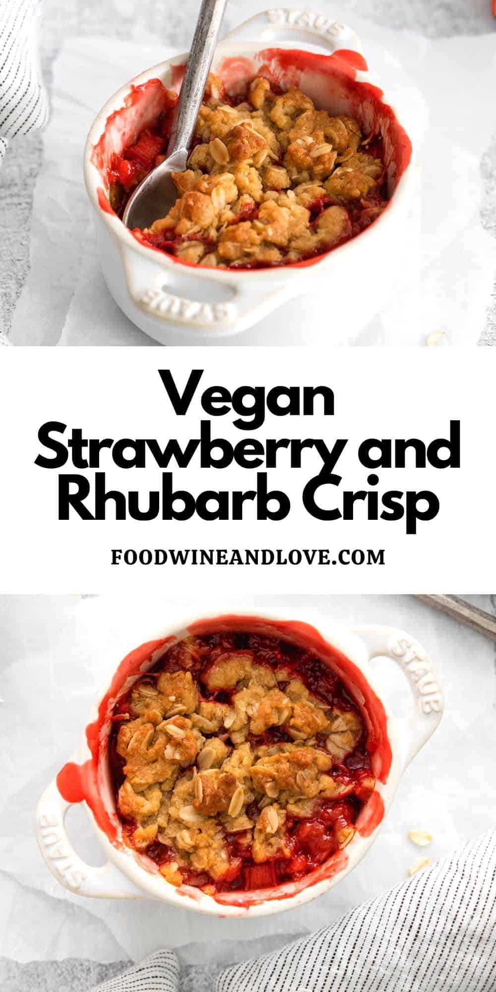 Vegan Strawberry Rhubarb Crisp, a simple and tasty oven baked dessert recipe made with fresh fruit and oats.