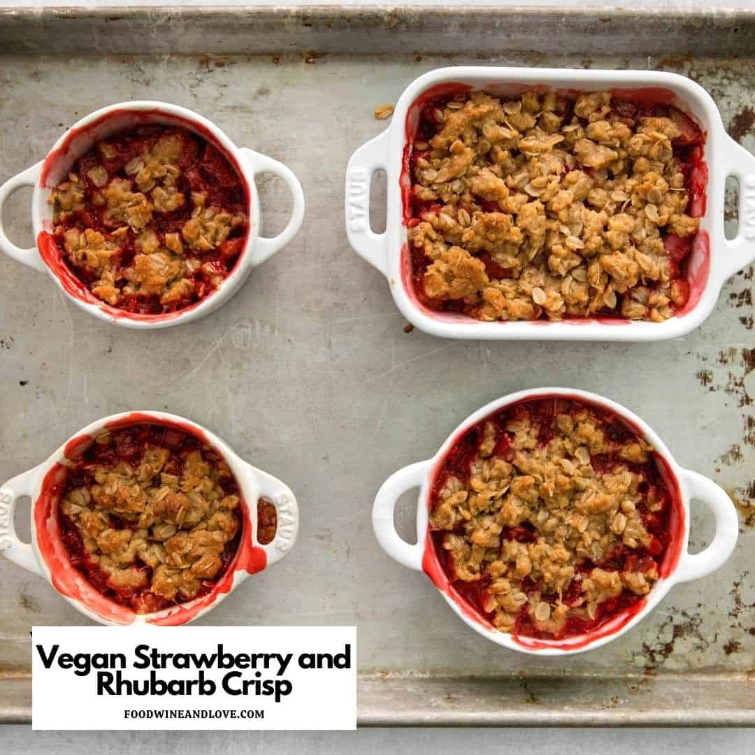 Vegan Strawberry Rhubarb Crisp, a simple and tasty oven baked dessert recipe made with fresh fruit and oats.