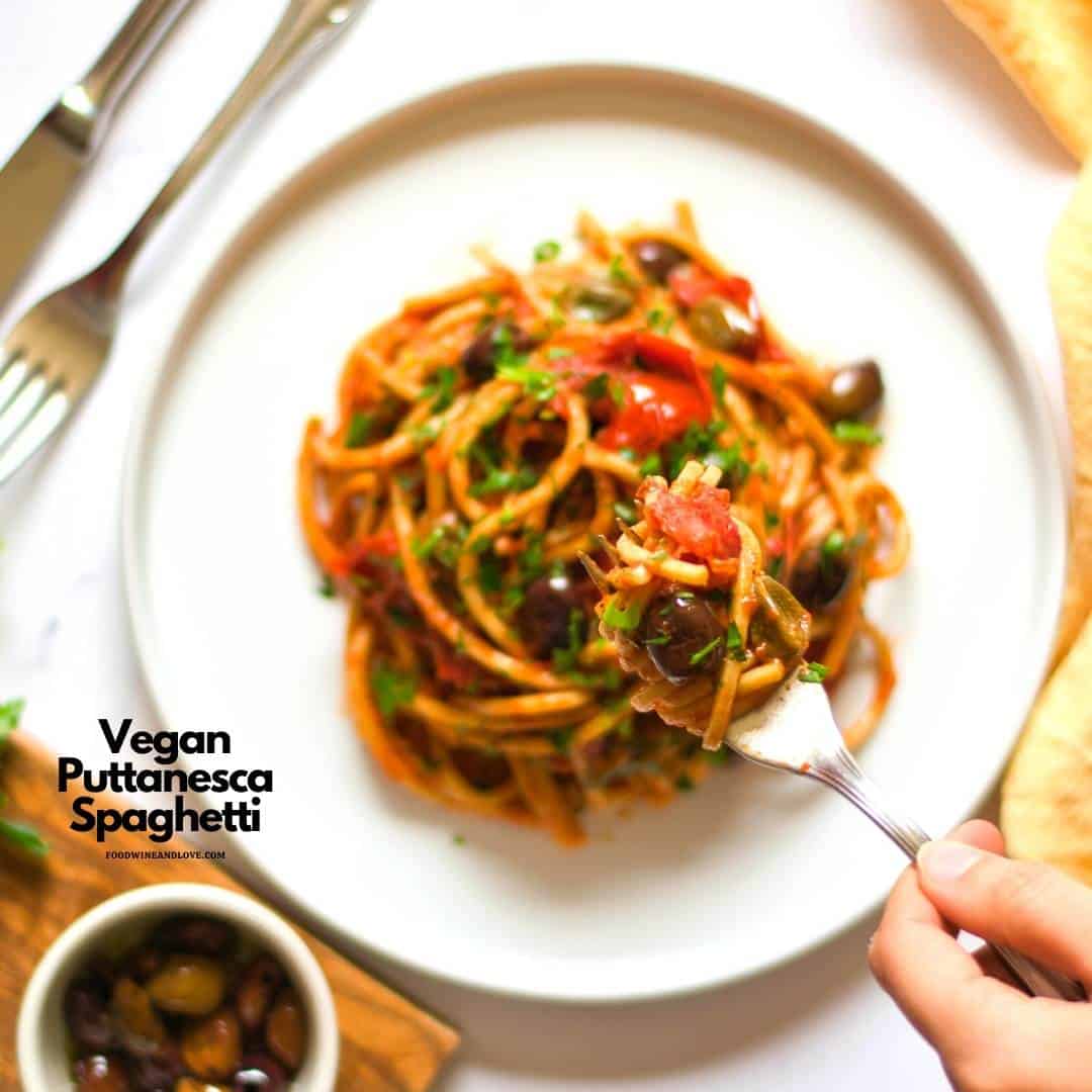 Vegan Puttanesca Spaghetti, a tasty vegan pasta recipe based upon a classic Italian recipe made with capers