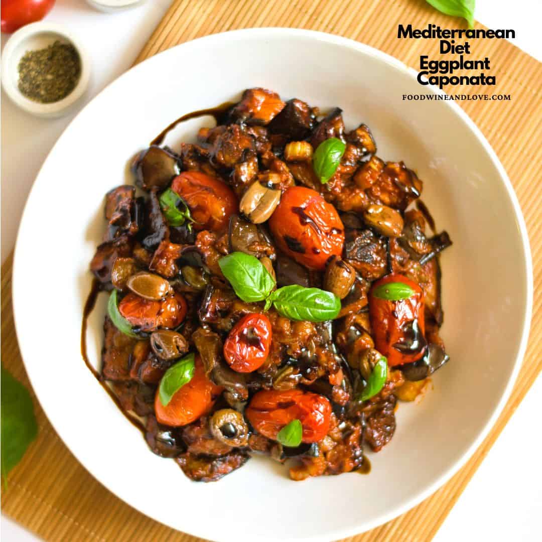 Mediterranean Diet Eggplant Caponata, a delicious and classic Italian one skillet dinner recipe made with fresh vegetables.