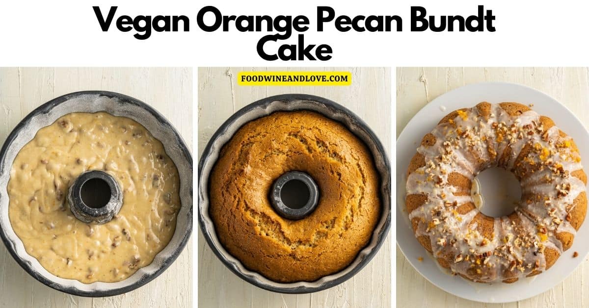 Vegan Orange Pecan Bundt Cake, a simple and tasty dessert recipe for made with fresh orange juice and no added sugar.