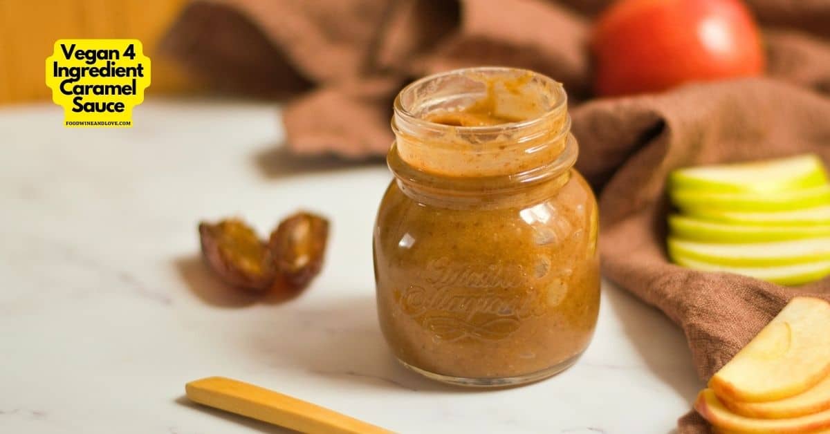 Vegan 4 Ingredient Caramel Sauce, a delicious and simple recipe for making a healthier caramel sauce for desserts and dips.