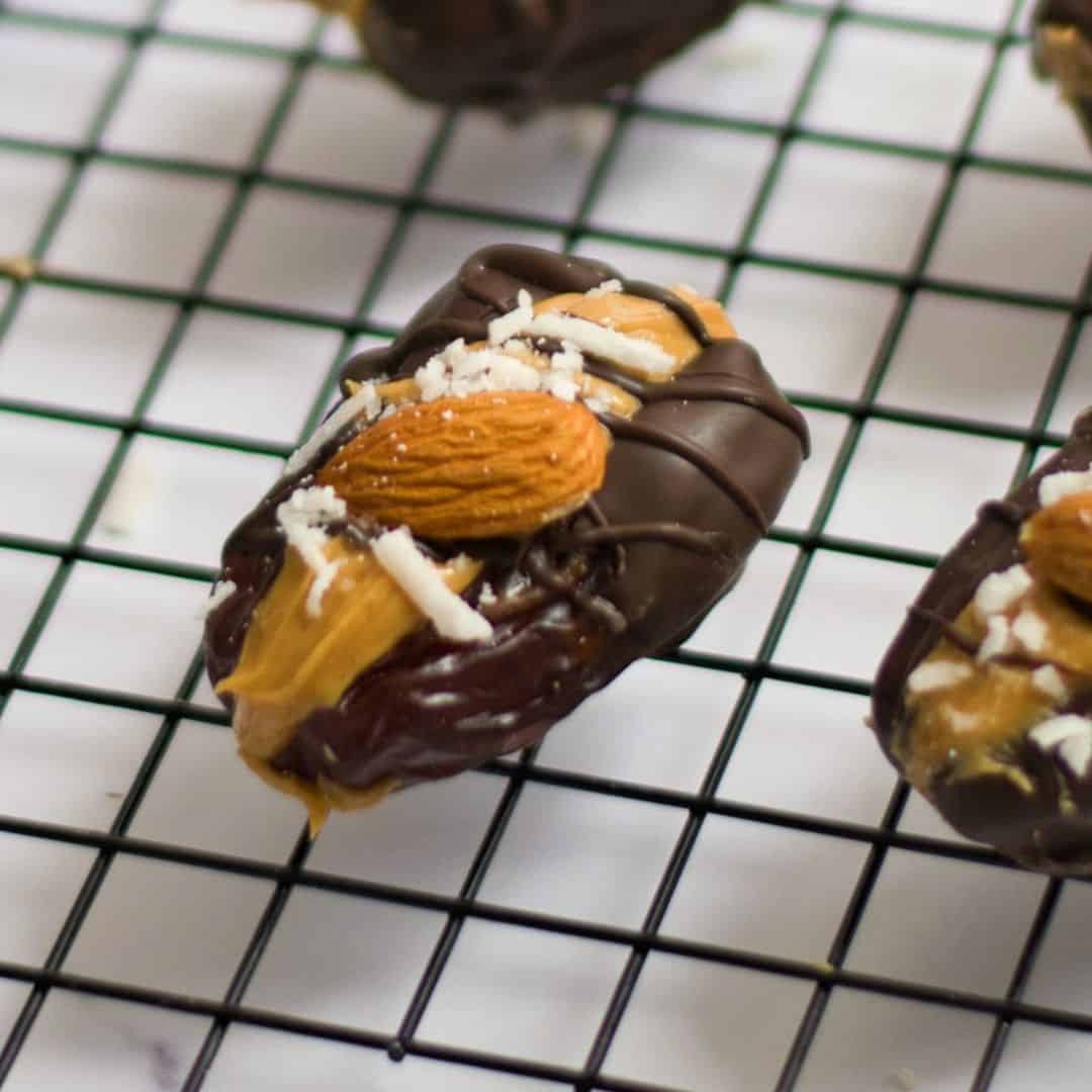 Peanut Butter Stuffed Dates, a quick, simple, and healthy snack or dessert recipe. Vegan, Gluten Free, and Mediterranean diet friendly. 