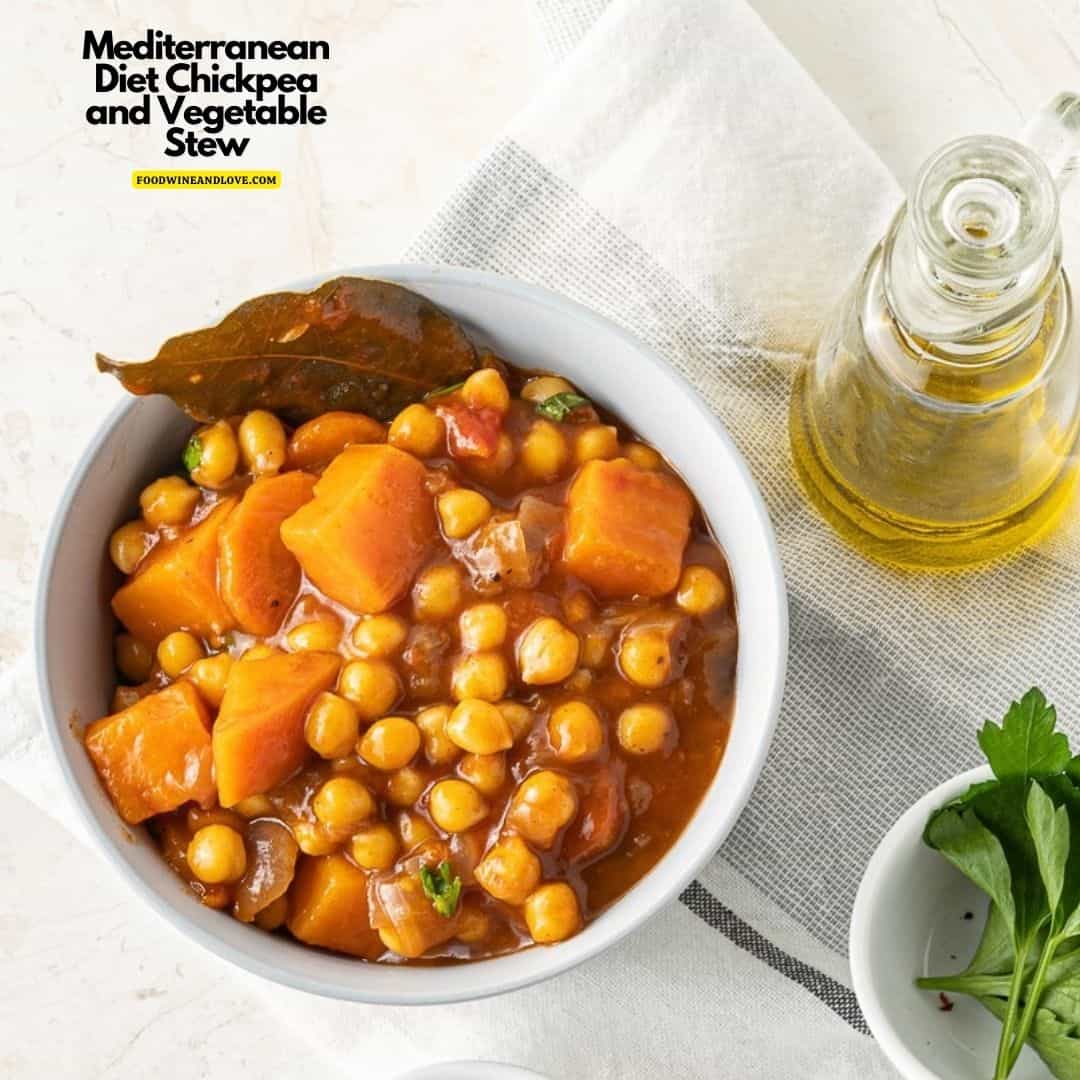 Mediterranean Diet Chickpea and Vegetable Stew, a healthy and delicious warm vegan recipe packed with  vegetables and goodness.