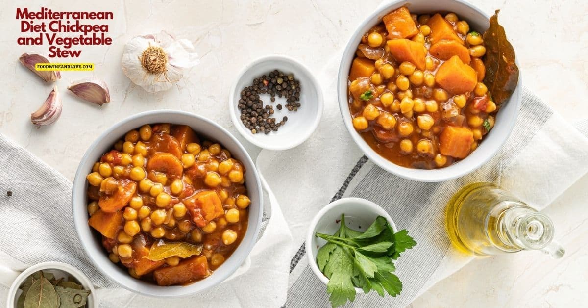 Mediterranean Diet Chickpea and Vegetable Stew, a healthy and delicious warm vegan recipe packed with  vegetables and goodness.