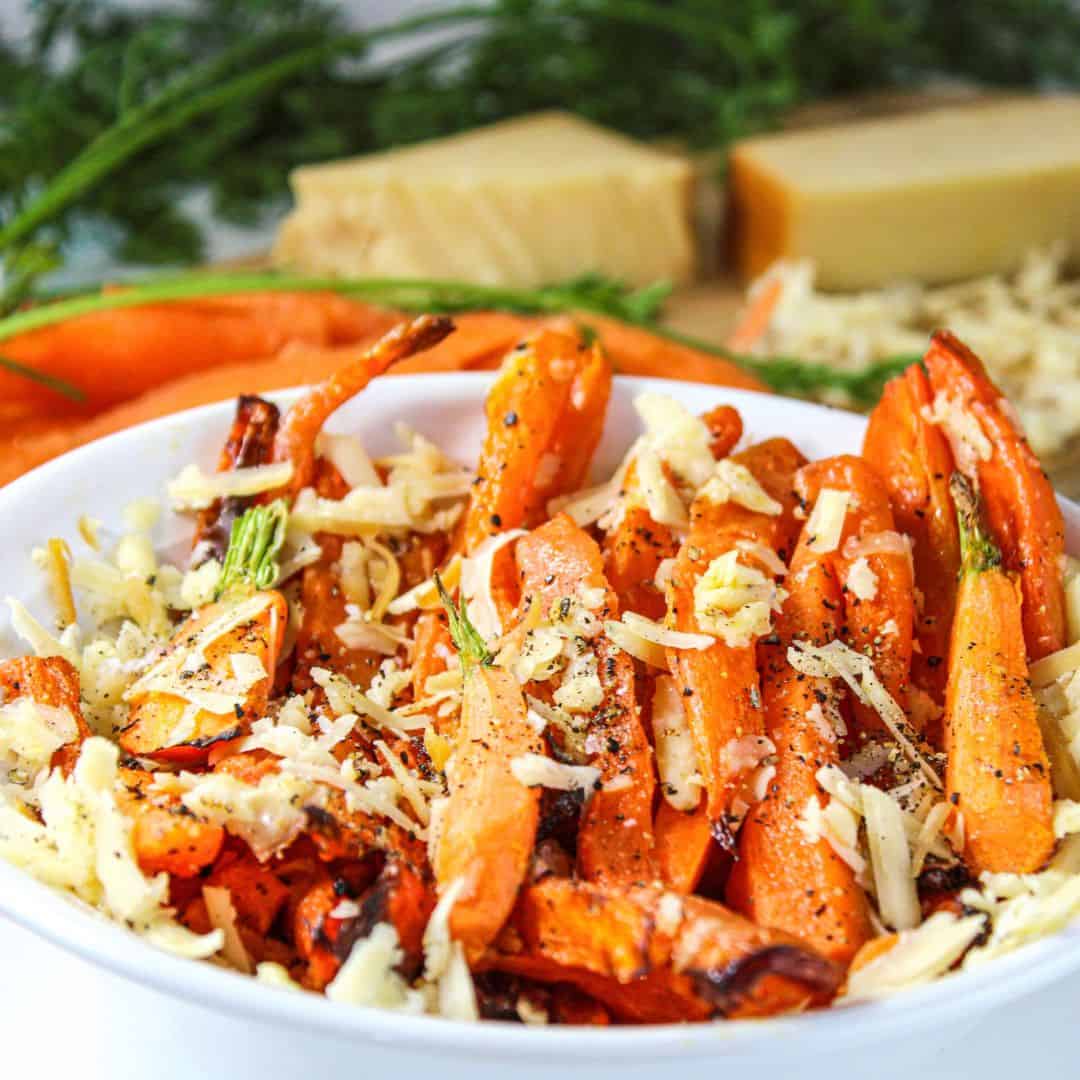Easy Air Fryer Carrot and Cheese Recipe, a simple vegetarian snack or side recipe for carrots air fried with cheese and seasonings. 