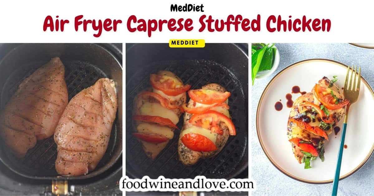 Air Fryer Caprese Stuffed Chicken, a simple and delicious lunch or dinner recipe for stuffed chicken breasts topped with balsamic glaze
