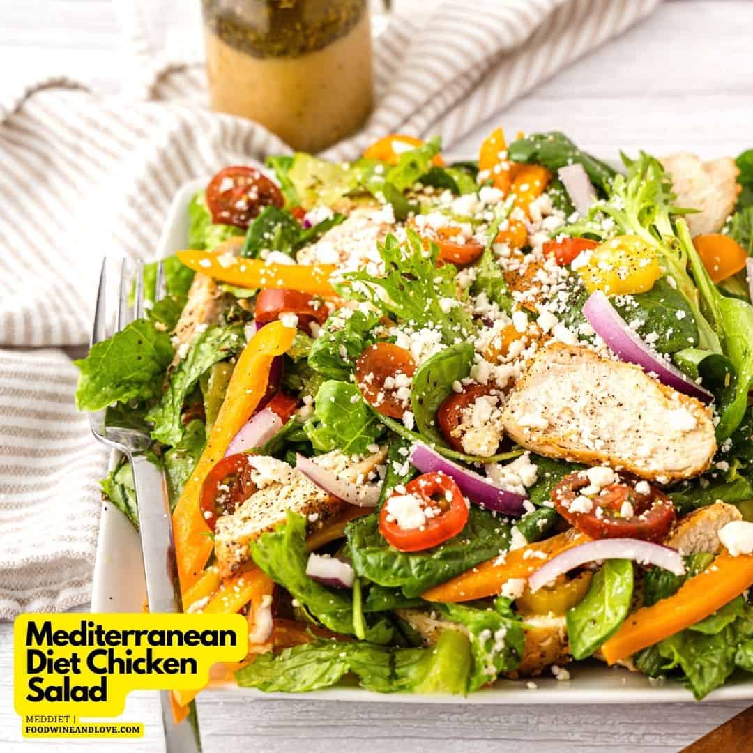 Mediterranean Diet Chicken Salad, a simple and delicious recipe made with healthy ingredients and a homemade lemon vinaigrette dressing.