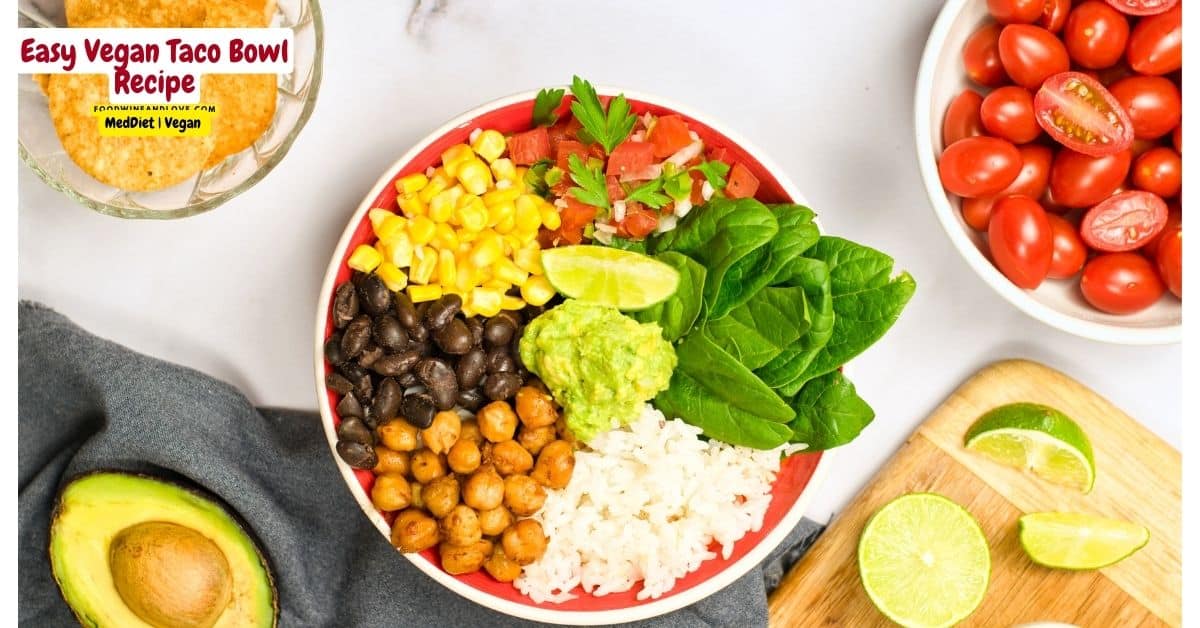 Easy Vegan Taco Bowl Recipe, a delicious dinner or lunch recipe packed with healthy vegetables, beans, and rice.