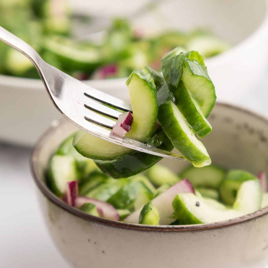 Cucumber Salad With Honey Vinaigrette, a simple and delicious vegetarian and Mediterranean diet recipe topped with honey vinaigrette.