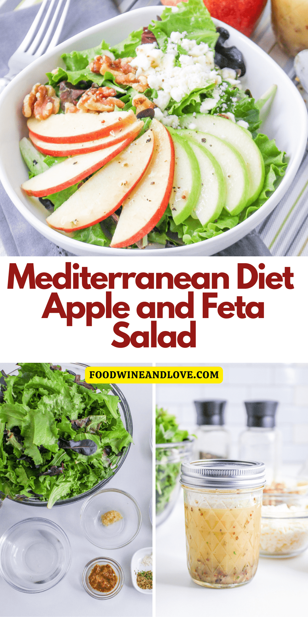 Mediterranean Diet Apple and Feta Salad, a simple and delicious lunch or side recipe made with healthy ingredients with homemade vinaigrette.