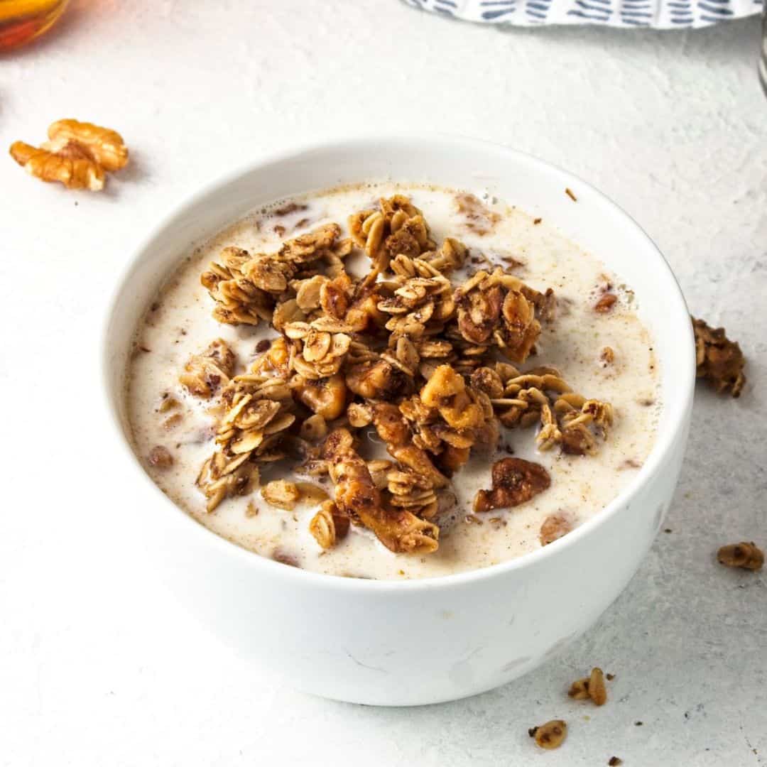 Easy Maple Walnut Granola Recipe, a simple, delicious, and healthy recipe for homemade granola using vegan ingredients.