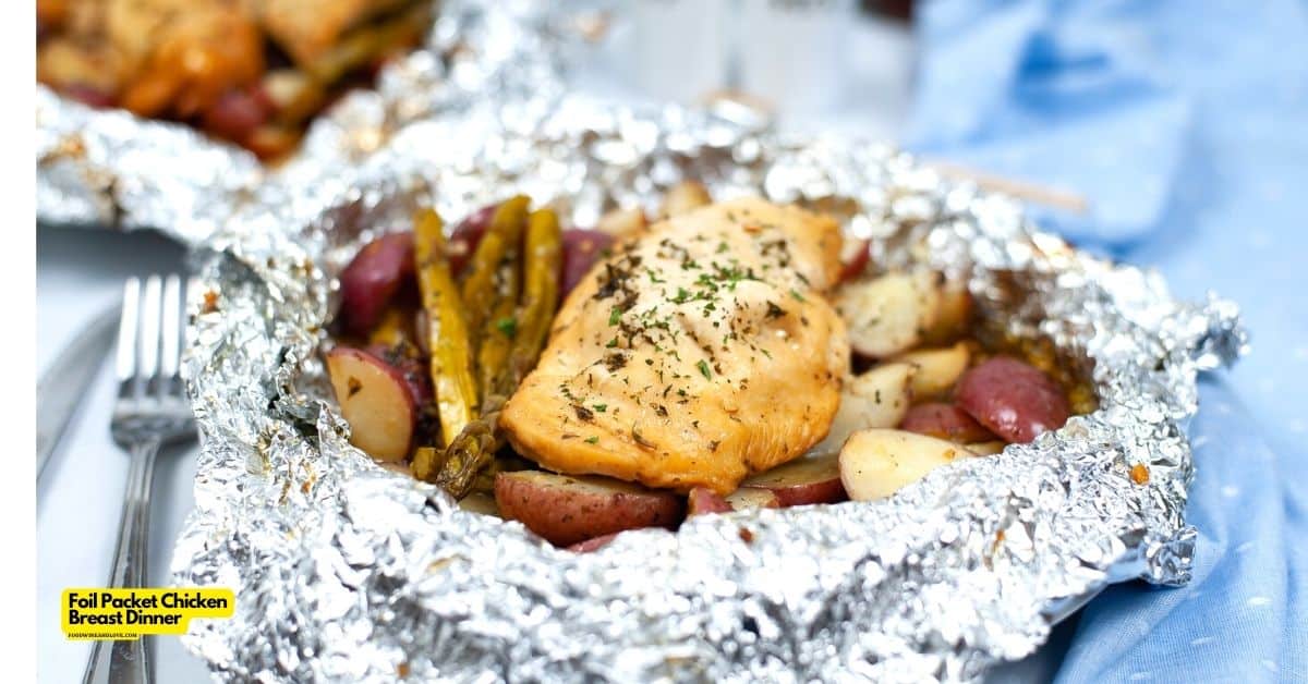 Foil Packet Chicken Breast Dinner, a simple Mediterranean diet friendly individual meal idea that is perfect for barbecues and campfires.