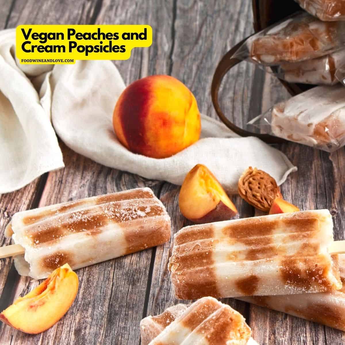 Vegan Peaches and Cream Popsicles, a delicious and healthy dessert or snack idea made with fruit and sweetened with maple syrup.
