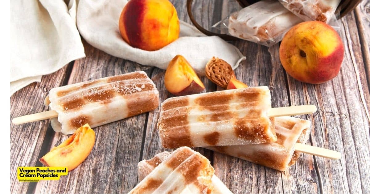 Vegan Peaches and Cream Popsicles, a delicious and healthy dessert or snack idea made with fruit and sweetened with maple syrup.