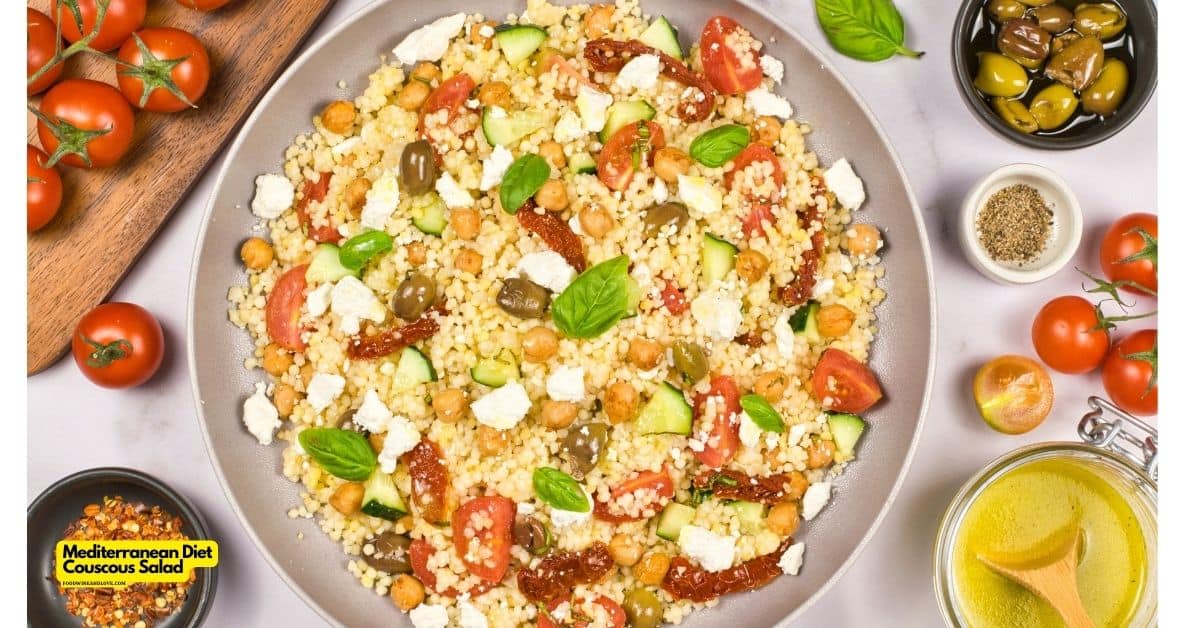 Mediterranean Diet Couscous Salad, a simple and delicious recipe filled with healthy ingredients.  Vegan, Mediterranean Diet friendly.