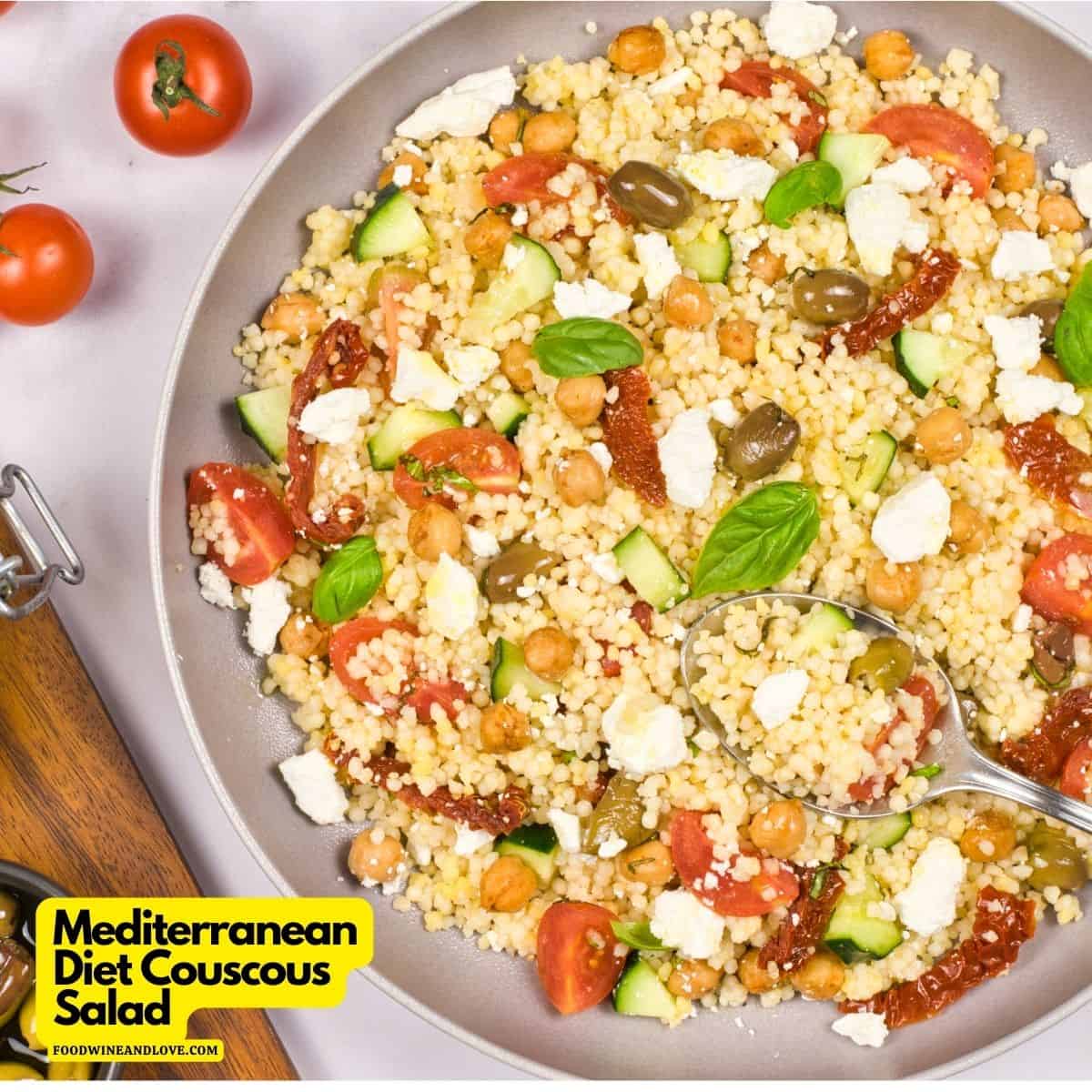 Mediterranean Diet Couscous Salad, a simple and delicious recipe filled with healthy ingredients.  Vegan, Mediterranean Diet friendly.