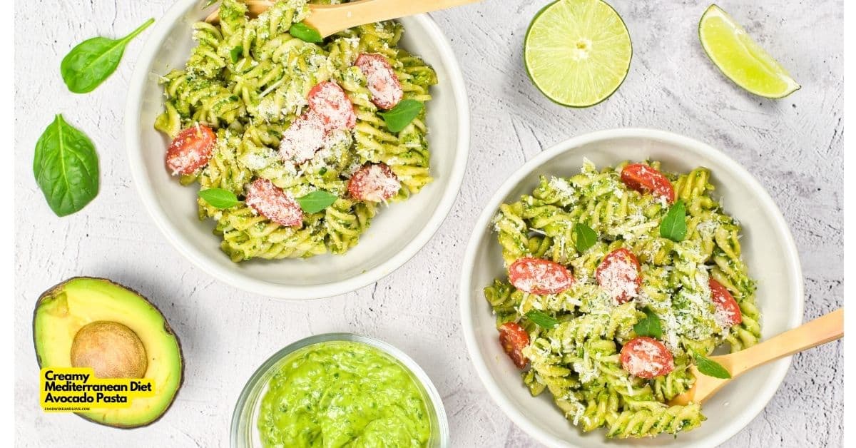 Creamy Mediterranean Diet Avocado Pasta, a delicious and healthy meal or dinner recipe idea can be made with a blender. Vegan, Vegetarian.