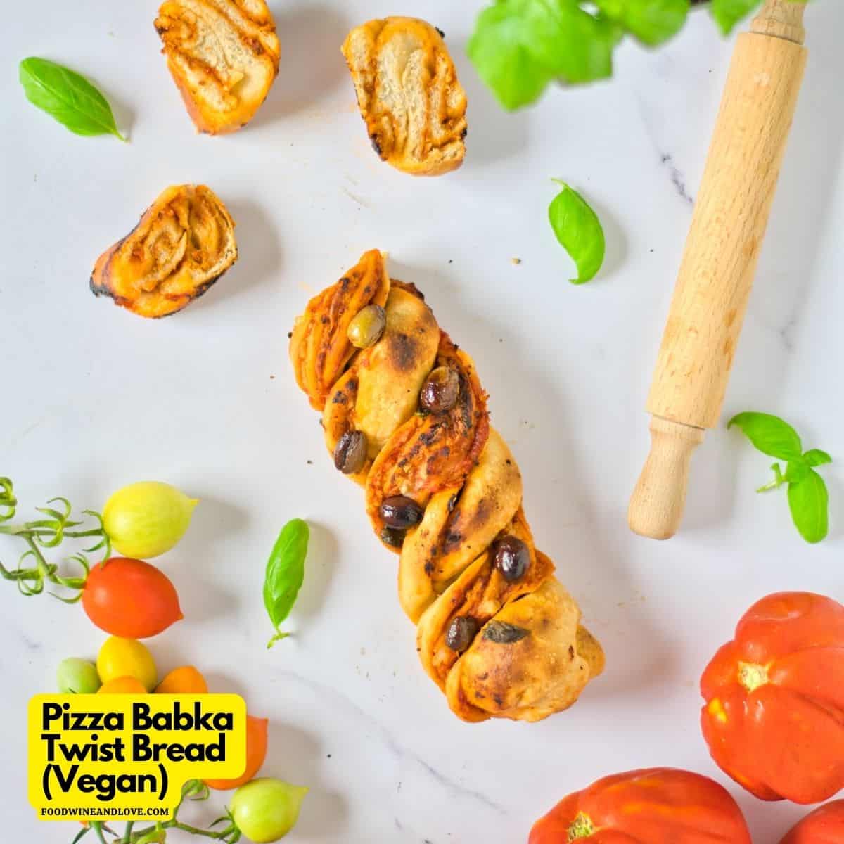 Pizza Babka Twist Bread, an easy and delicious recipe for pizza dough stuffed with toppings and then baked as a babka. Vegan or Vegetarian