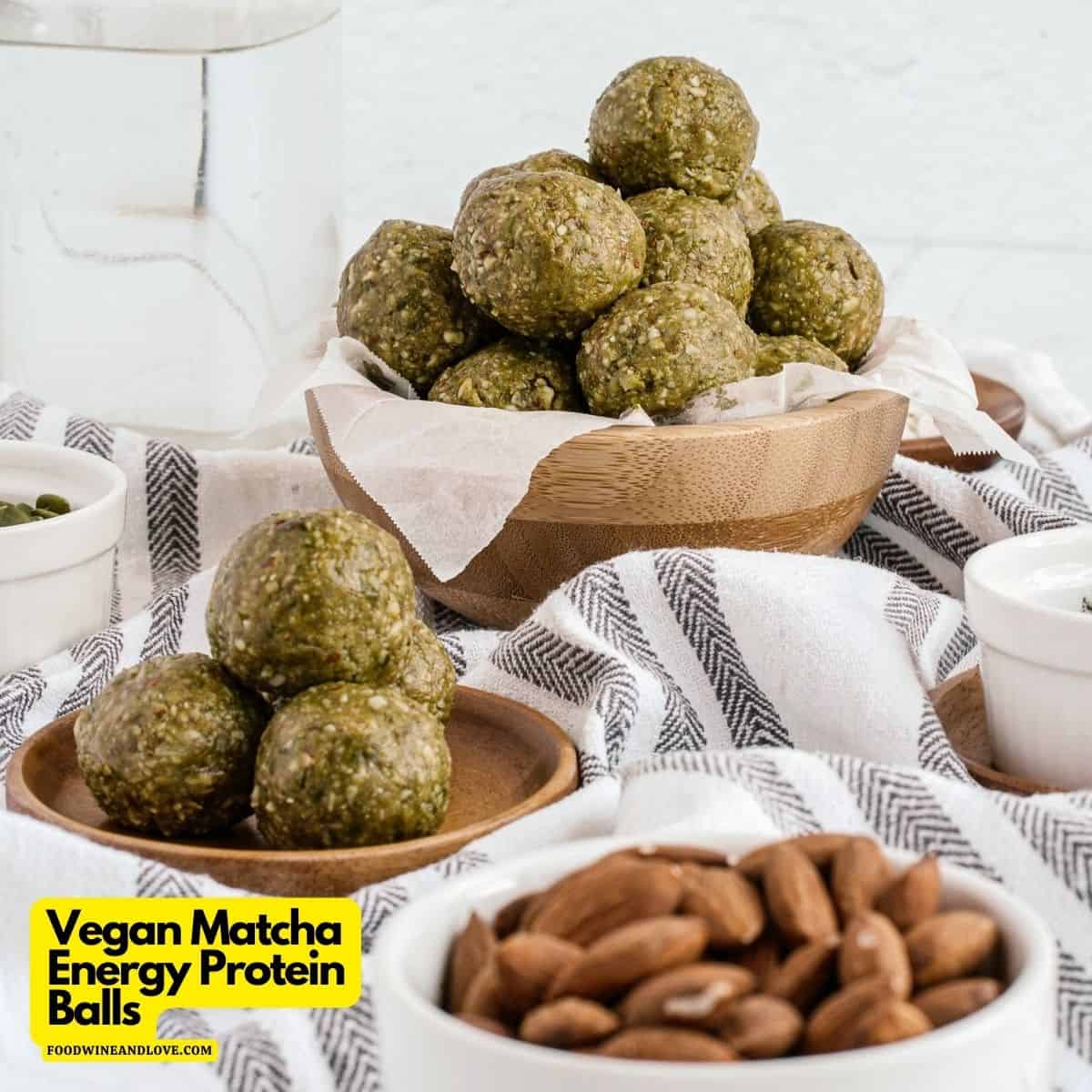 Vegan Matcha Energy Protein Balls, a simple 6 ingredient snack or dessert recipe made with healthy ingredients, sweetened with maple syrup.