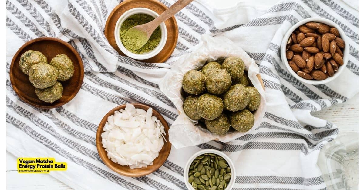 Vegan Matcha Energy Protein Balls, a simple 6 ingredient snack or dessert recipe made with healthy ingredients, sweetened with maple syrup.
