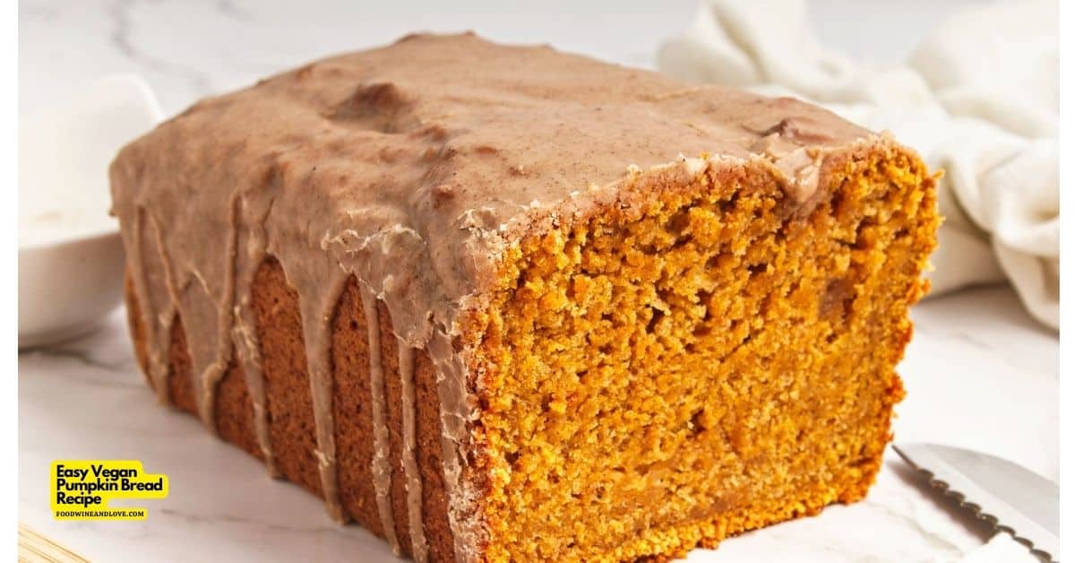 Easy Vegan Pumpkin Bread Recipe, a simple and delicious recipe made without added dairy. Includes a vegan glaze topping.