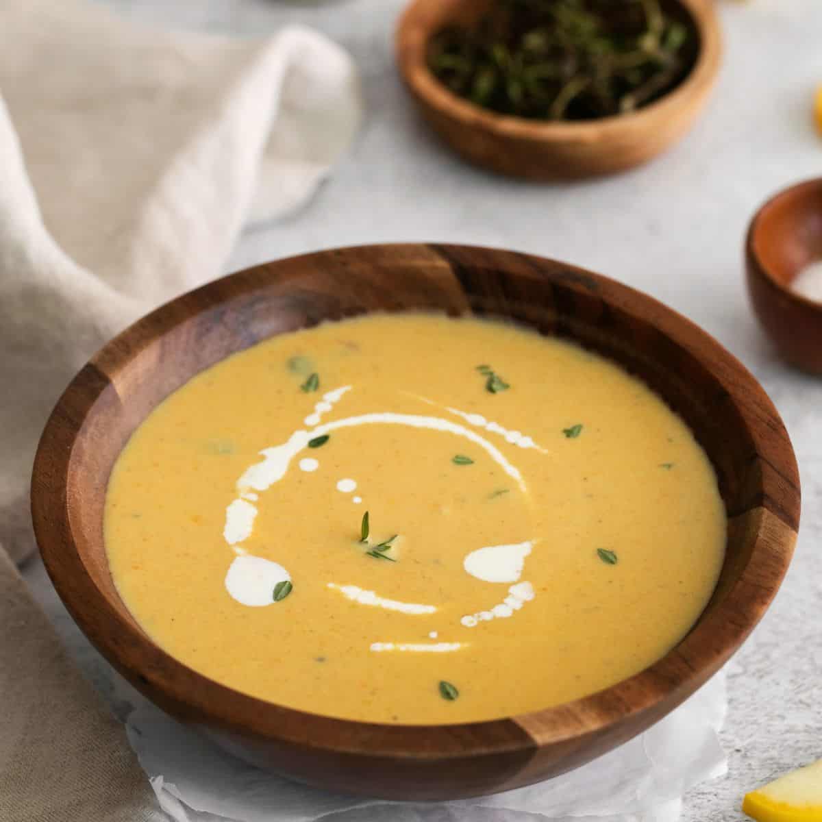 Creamy Summer Squash Soup Recipe- a delicious and simple soup made with summer squash, potatoes, and vegetables.  Vegan/MedDiet