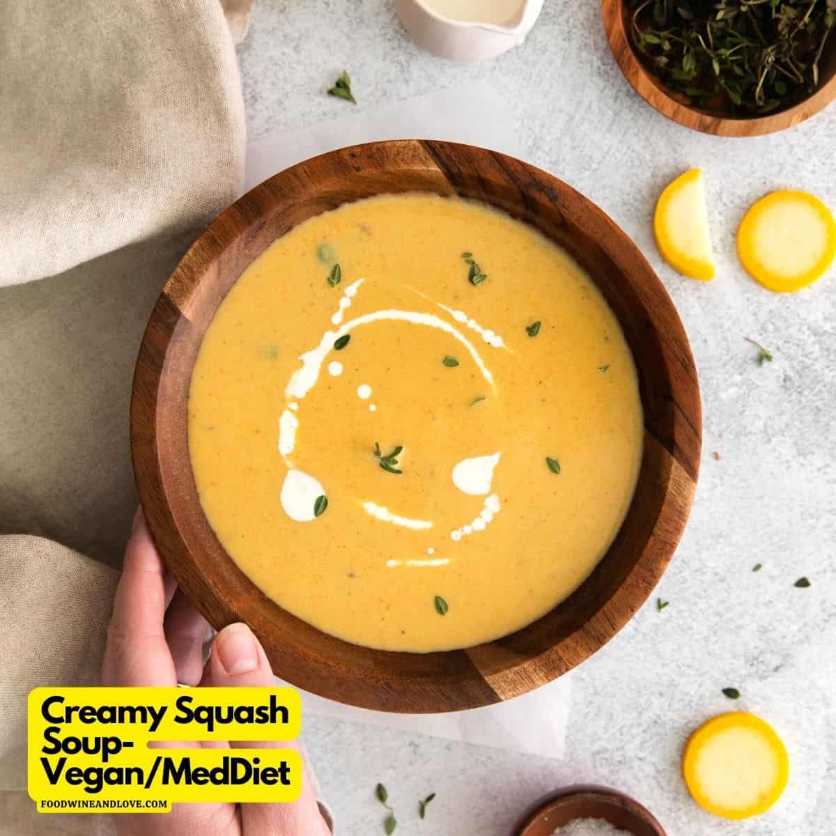 Creamy Summer Squash Soup Recipe- a delicious and simple soup made with summer squash, potatoes, and vegetables.  Vegan/MedDiet