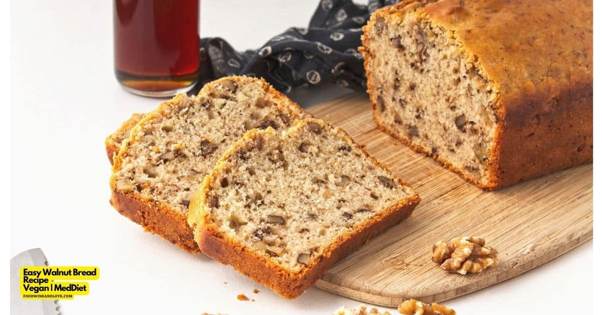 Easy Walnut Bread Recipe, a delicious flavorful and hearty quick bread  made with chopped walnuts. Vegan, Mediterranean Diet friendly.