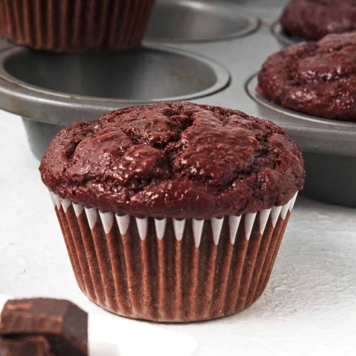 Double Chocolate and Beet Muffins- a delicious recipe for double chocolate muffins that are made with beets. Vegan, Mediterranean diet 