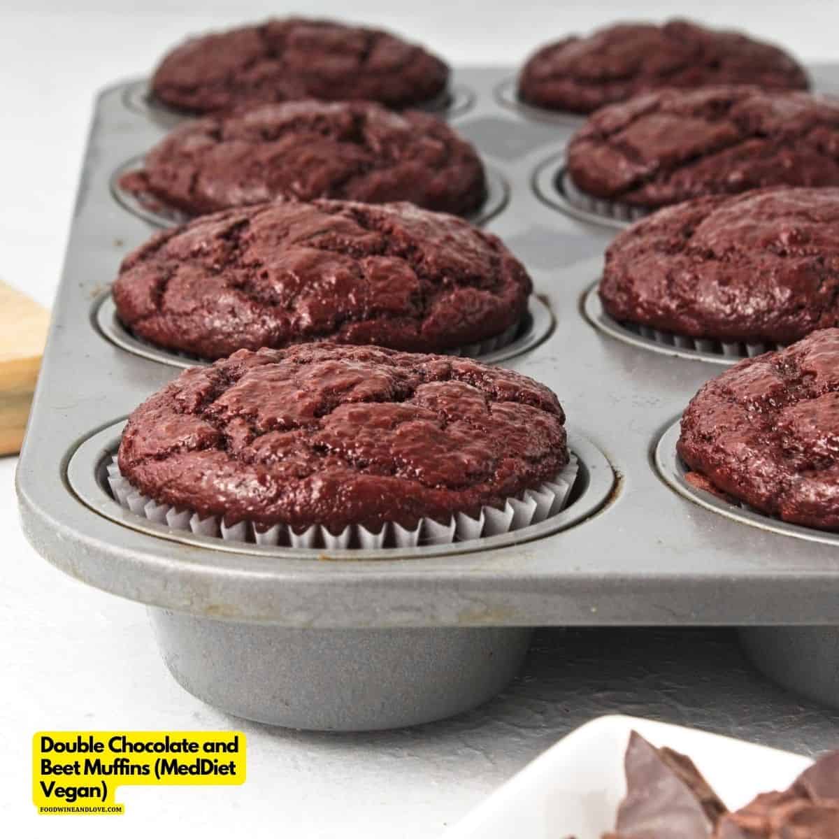 Double Chocolate and Beet Muffins- a delicious recipe for double chocolate muffins that are made with beets. Vegan, Mediterranean diet 