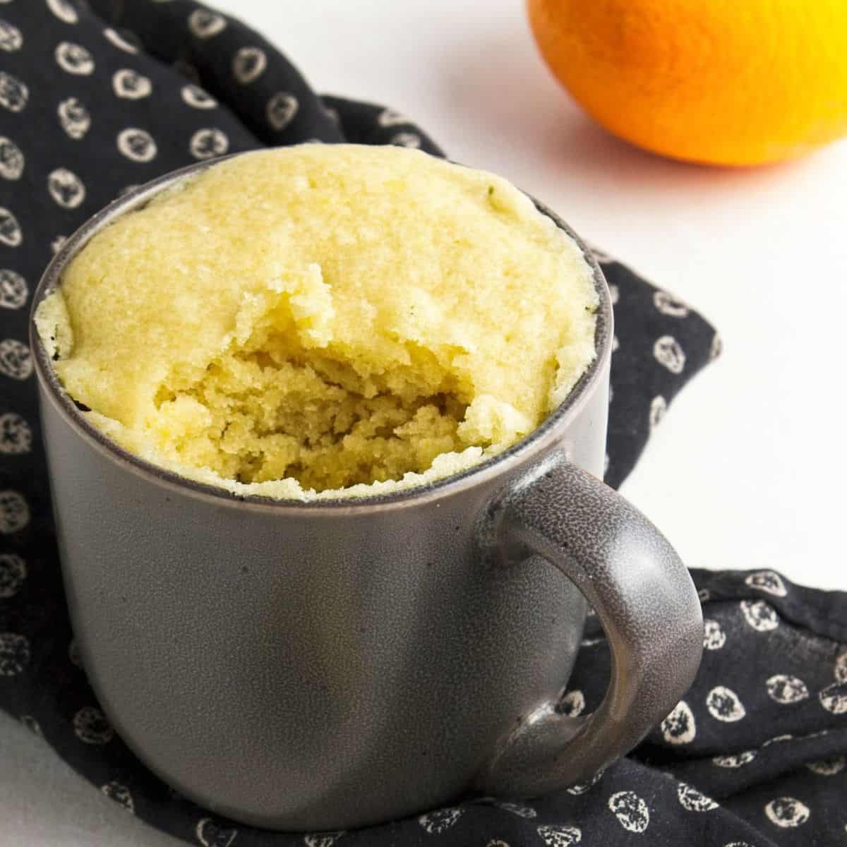 Mediterranean Diet Mug Cake, a six ingredient dessert or snack recipe for one made with olive oil and no dairy. Vegan, Vegetarian.