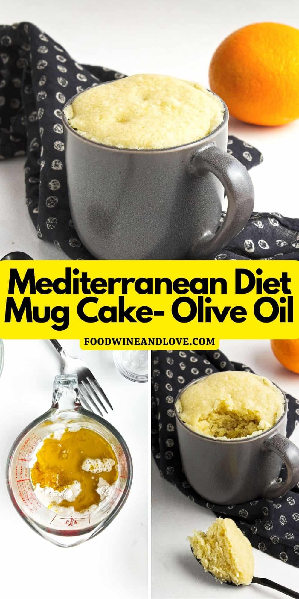 Mediterranean Diet Mug Cake, a six ingredient dessert or snack recipe for one made with olive oil and no dairy. Vegan, Vegetarian.
