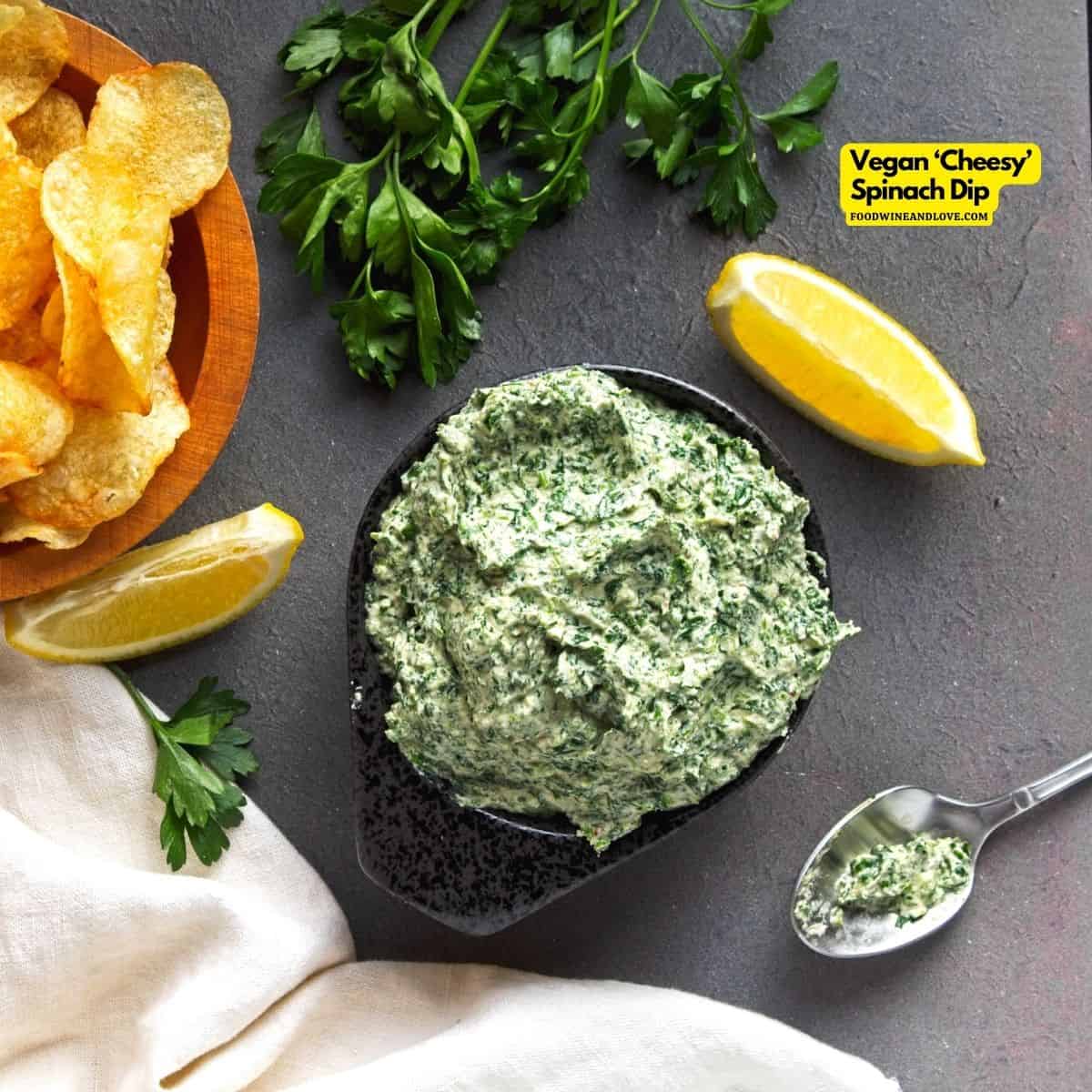 Vegan ‘Cheesy’ Spinach Dip, a simple appetizer recipe for a creamy flavorful dip made without added dairy ingredients. GF, Soy Free
