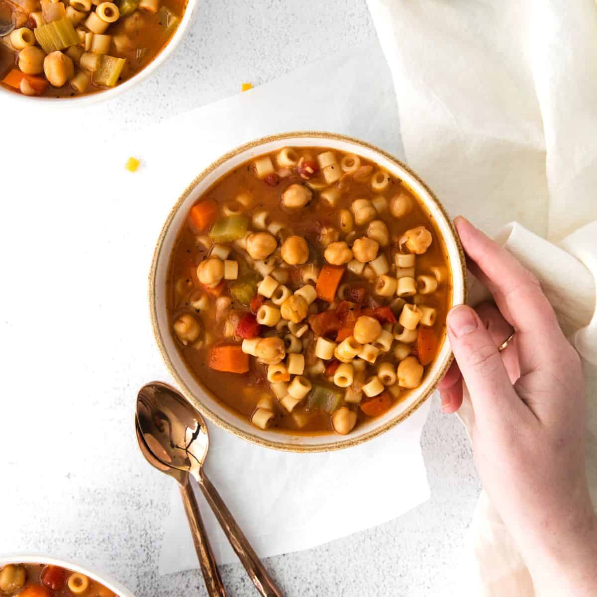 Vegetarian Minestrone Soup Recipe, a hearty and delicious appetizer, side, or meal idea made with pasta and loaded with healthier vegetables 