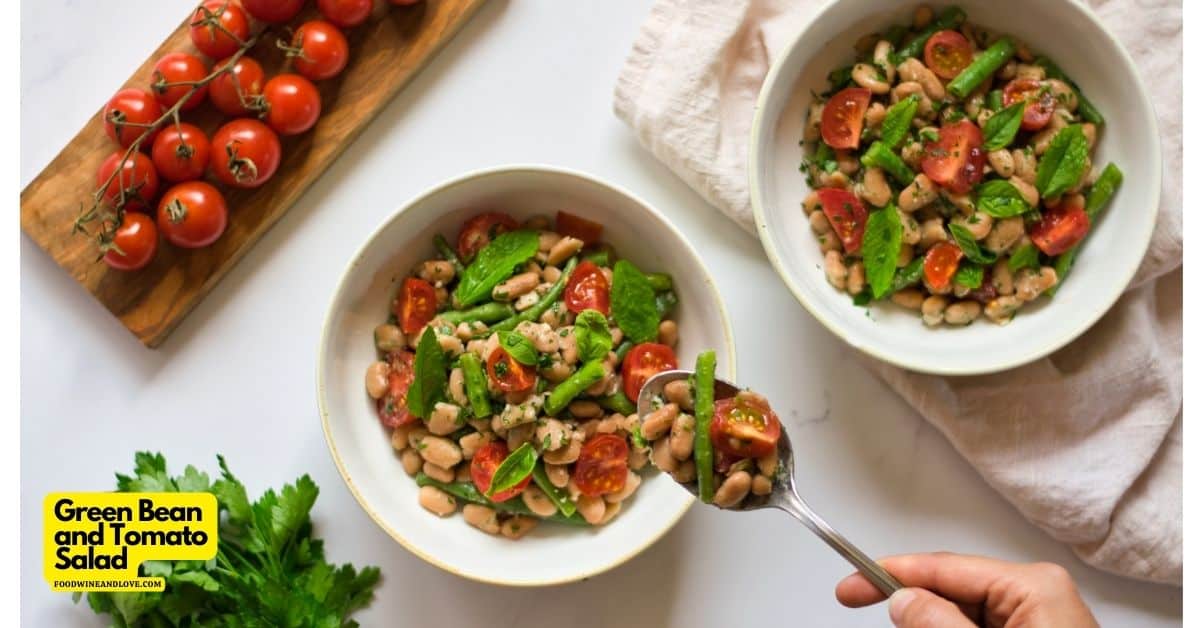 Green Bean and Tomato Salad, a delicious vegan and Mediterranean diet side or meal recipe tossed in a tasty lemon dressing.