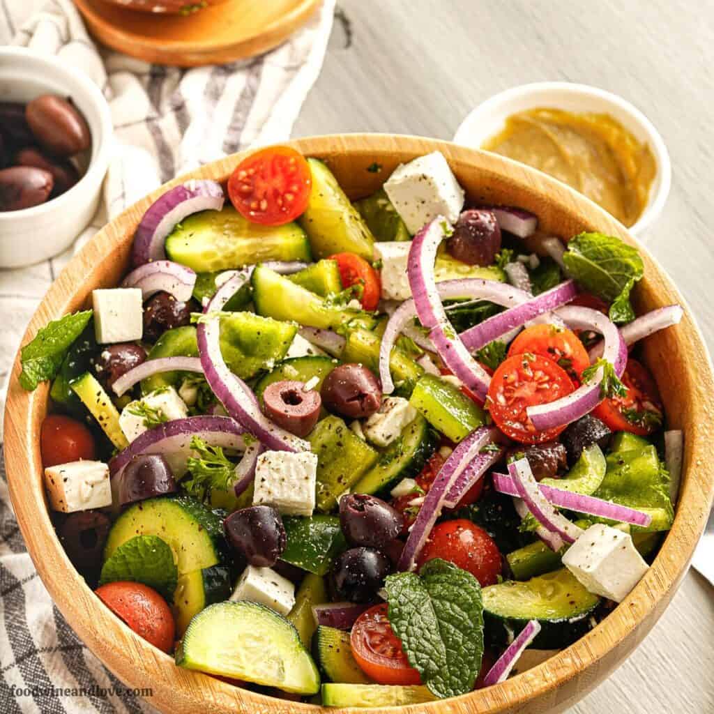 Easiest Greek Salad in Vinaigrette Dressing - Food Wine and Love