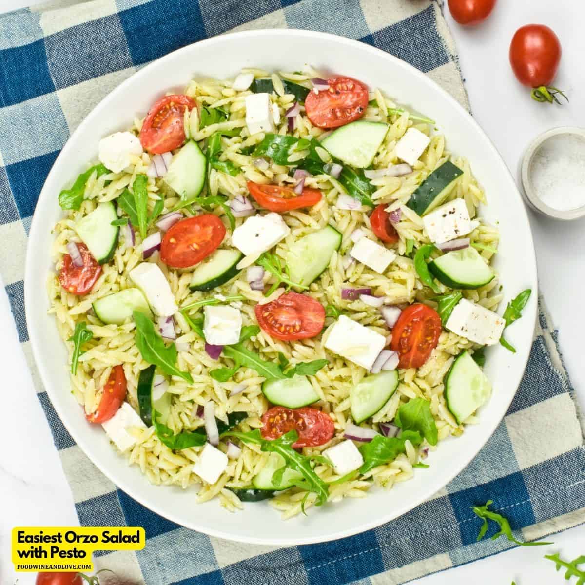 Easiest Orzo Salad with Pesto, a simple and delicious recipe idea made with cucumbers and tomatoes. Mediterranean diet, Vegetarian, Vegan.