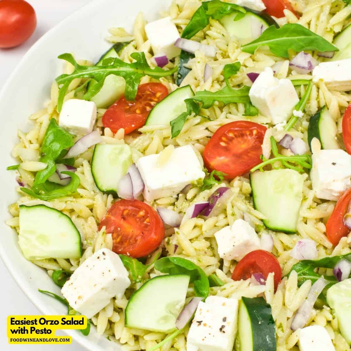 Easiest Orzo Salad with Pesto, a simple and delicious recipe idea made with cucumbers and tomatoes. Mediterranean diet, Vegetarian, Vegan.