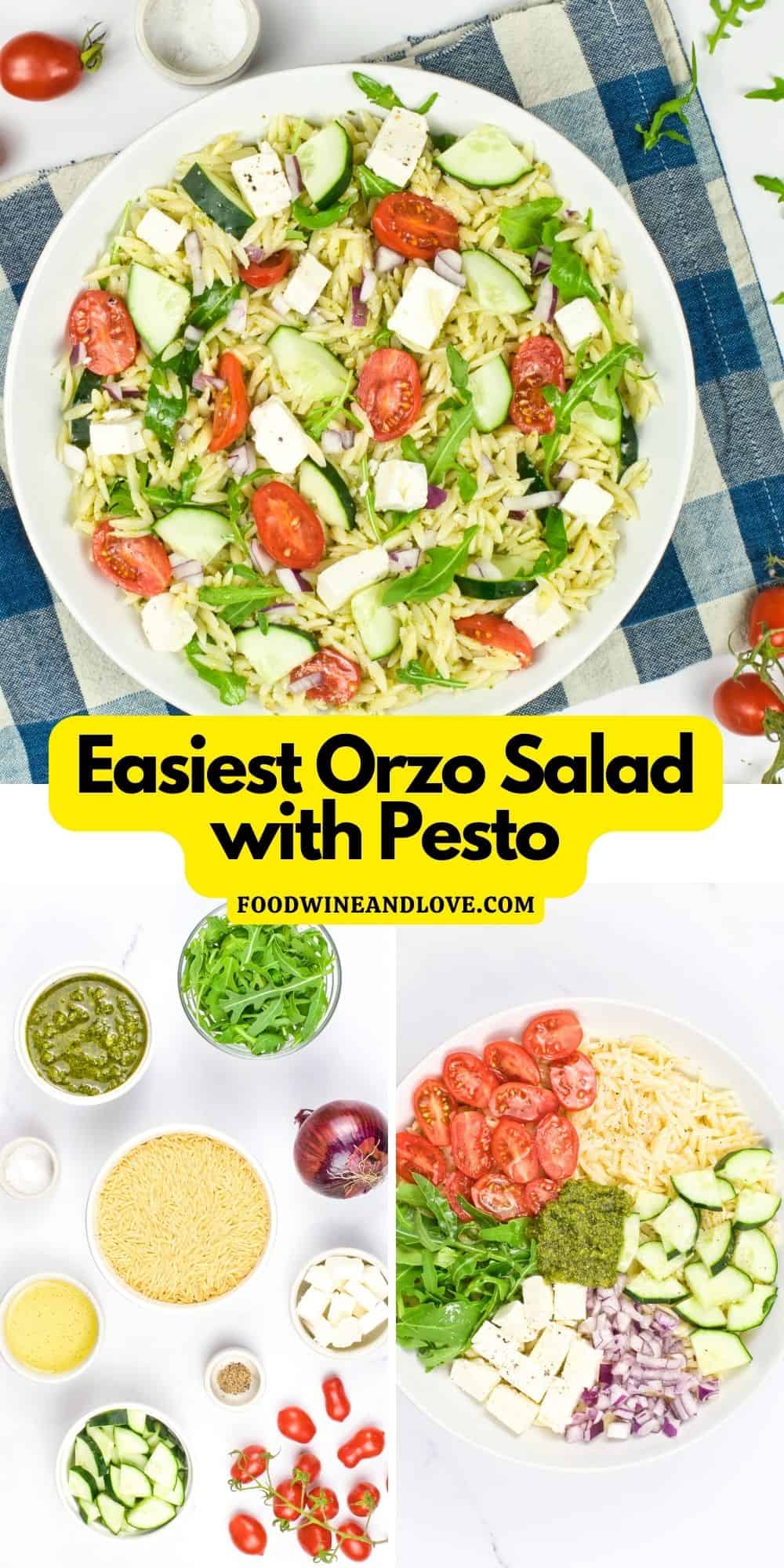 Easiest Orzo Salad with Pesto, a simple and delicious recipe idea made with cucumbers and tomatoes. Mediterranean diet, Vegetarian, Vegan.