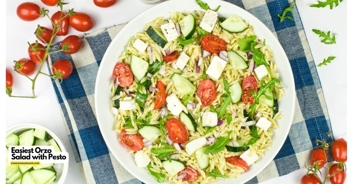 Easiest Orzo Salad with Pesto, a simple and delicious recipe idea made with cucumbers and tomatoes. Mediterranean diet, Vegetarian, Vegan.