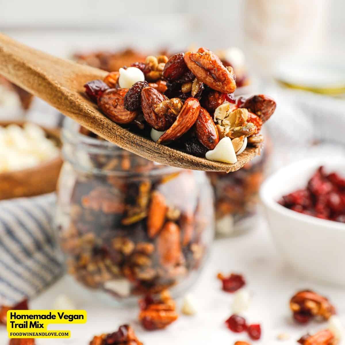 Homemade Vegan Trail Mix, a simple recipe for a delicious snack made with nuts, seeds, and sweetened with maple syrup.