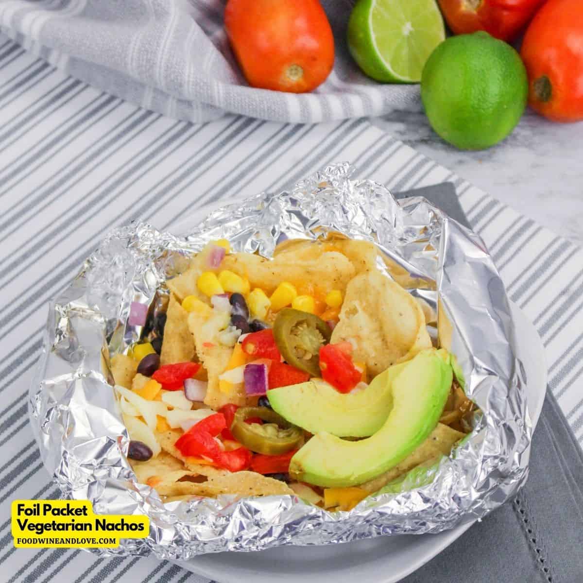 Foil Packet Vegetarian Nachos, a simple 5 ingredient appetizer or meal recipe made foil wrapped in individual portions.
