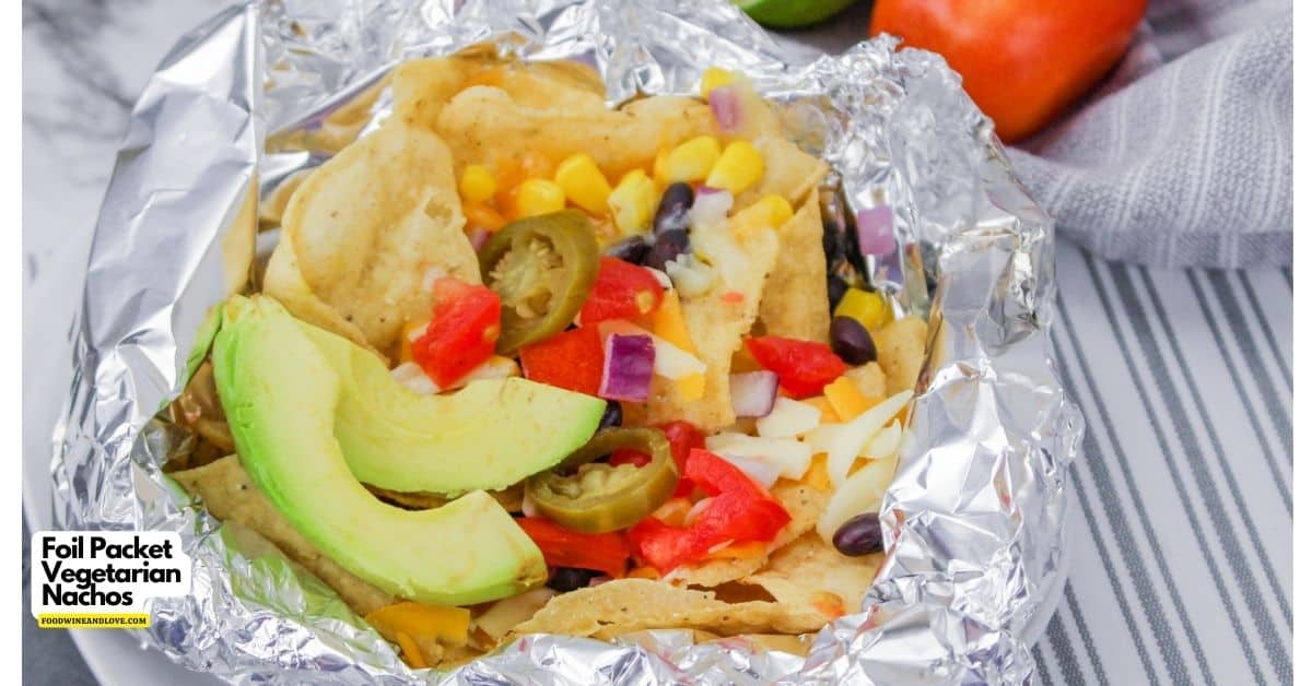 Foil Packet Vegetarian Nachos, a simple 5 ingredient appetizer or meal recipe made foil wrapped in individual portions.