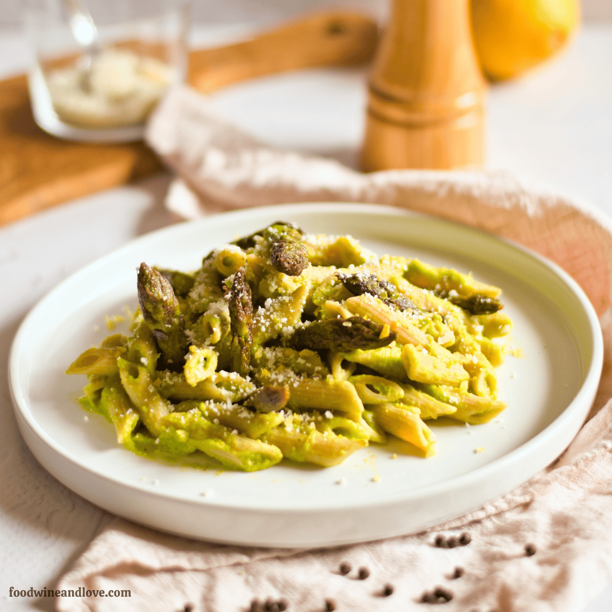 Mediterranean Diet Asparagus Pasta Sauce, a delicious and easy sauce recipe made with asparagus, peas, and Greek Yogurt.